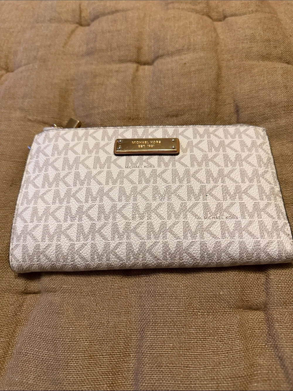 Michael Kors Cream and Gold MK Monogram Zip Wallet